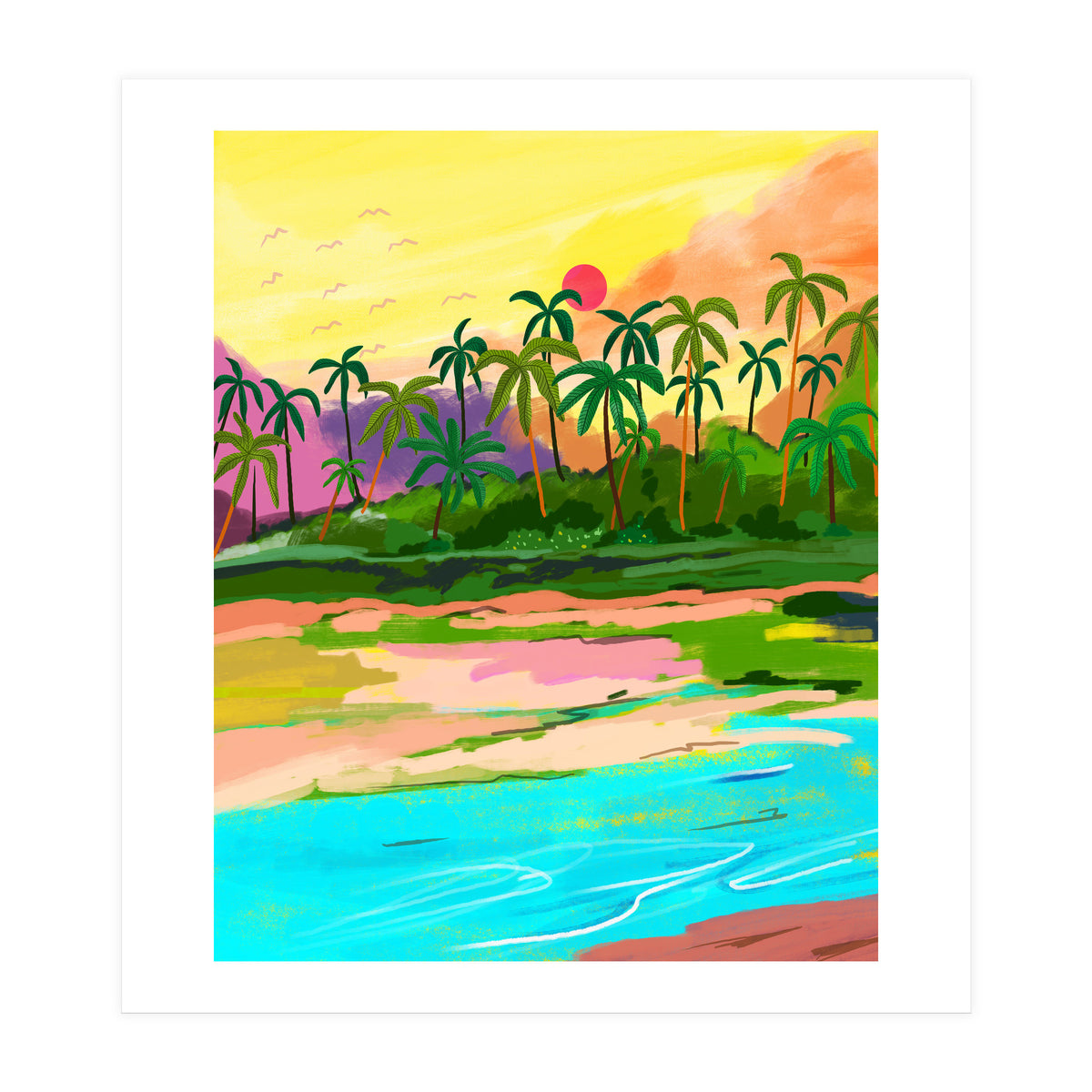 Tropical Backwaters Of Kerala, Nature Jungle Forest Landscape Painting, Dreamy Scenic Travel Lake Palm Bohemian (Print Only)