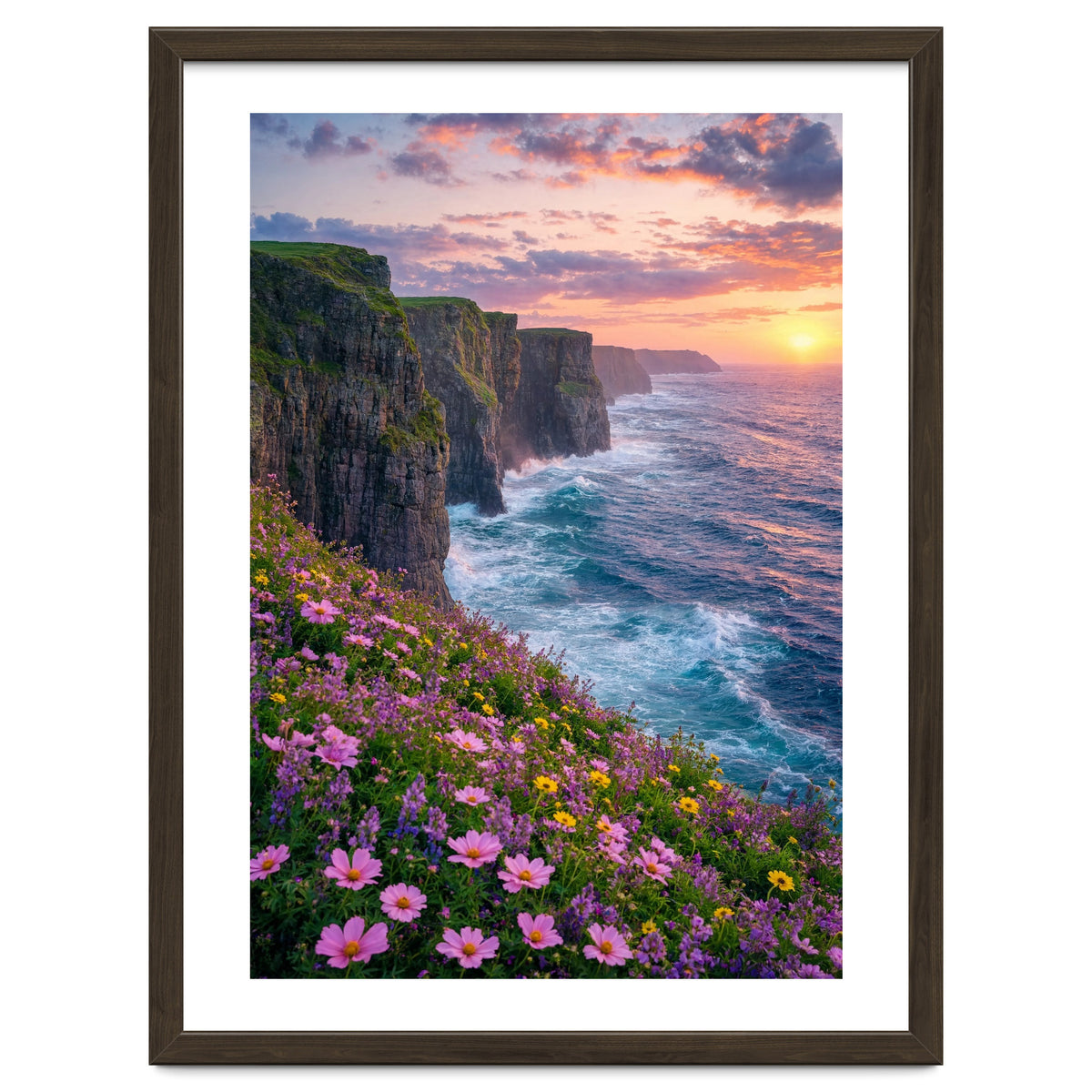 Coastal Sunset Wildflowers: Dramatic Ocean Cliffs and Floral Meadow