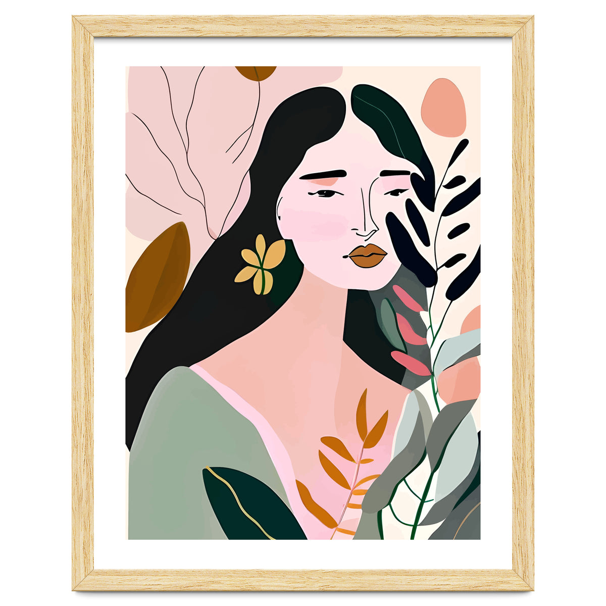 Reinvent, Beautiful Woman Girl Pastel Line Art, Minimal Botanical Nature Portrait, Modern Bohemian Drawing Nomadic Summer Self Love