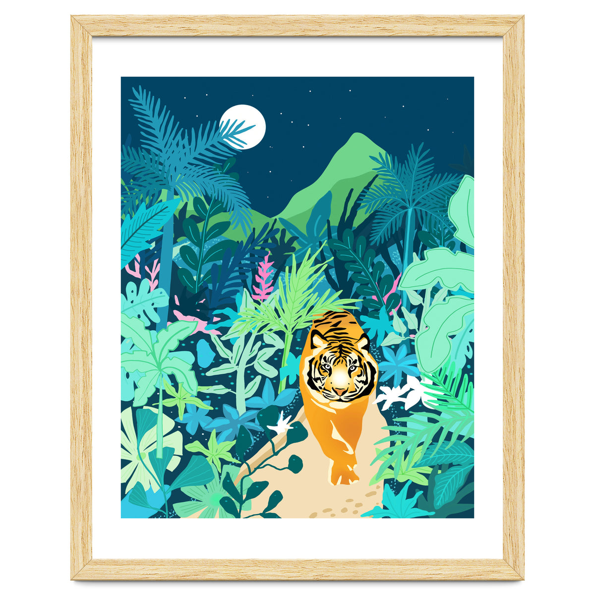 Tiger Walk, Bohemian Jungle Maximalist Nature, Botanical Forest Plants Moon Wild Animals