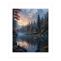 Serene Lakeside Retreat in Autumn Forest (Print Only)