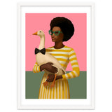 Stylish Woman Holding Goose In Striped Dress thumbnail