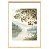 Tranquil Lakeside Forest Watercolor Painting with Overhanging Autumn Branches and Misty Mountain Reflection thumbnail