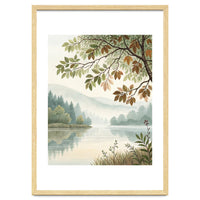 Tranquil Lakeside Forest Watercolor Painting with Overhanging Autumn Branches and Misty Mountain Reflection
