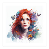 Watercolor Floral Red Hair Woman #3 (Print Only)