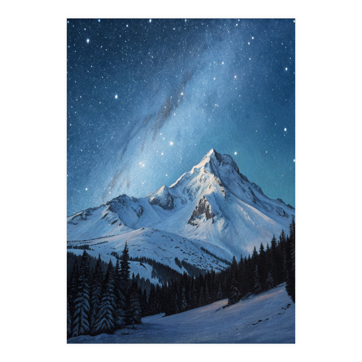 Majestic Snow-Capped Mountain Peak Under a Brilliant Starry Night Sky (Print Only)