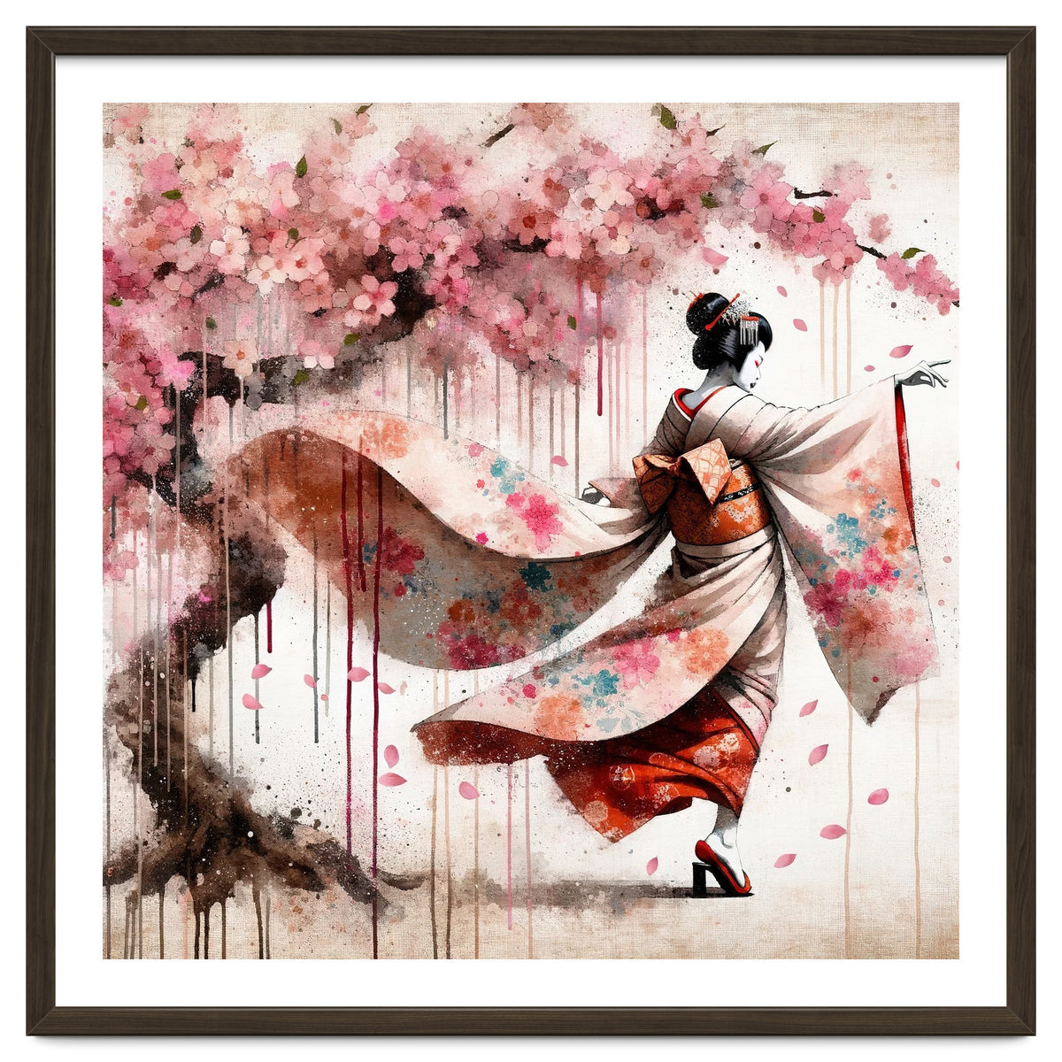 Geisha Under Cherry Blossoms In Motion
