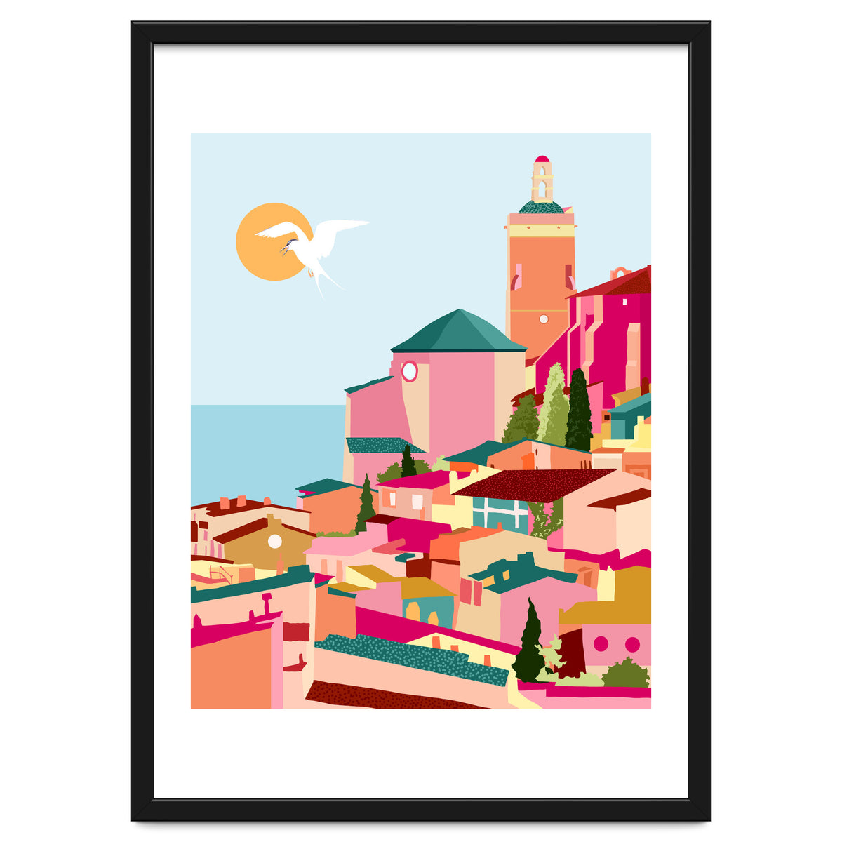 Crimson Rouge, Colorful Architecture Buildings, Greece Cityscape Skyline, Seagull Travel Summer Eclectic Bohemian Pop Of Color Positivity