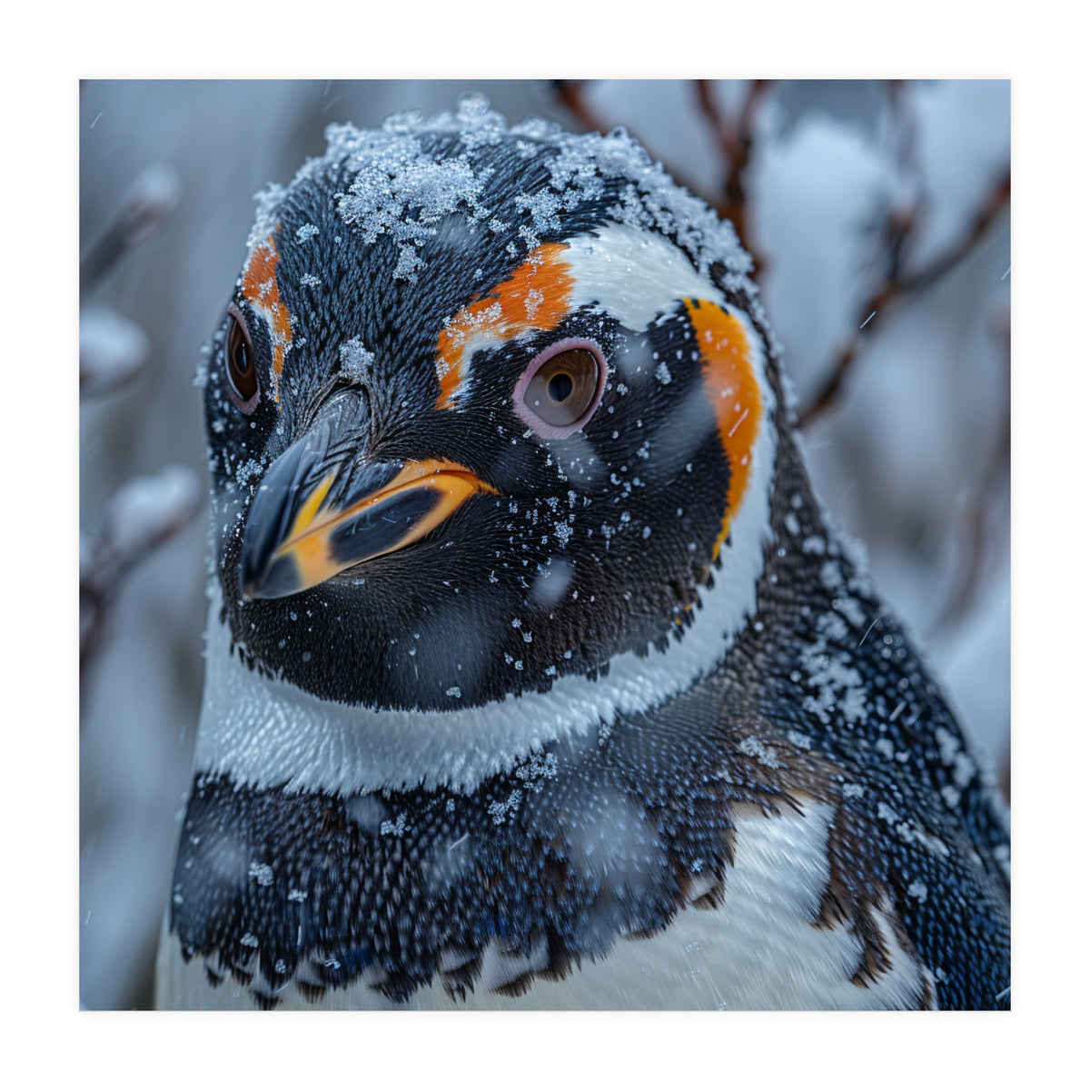 Penguin In Snow Falling Close Up Portrait (Print Only)