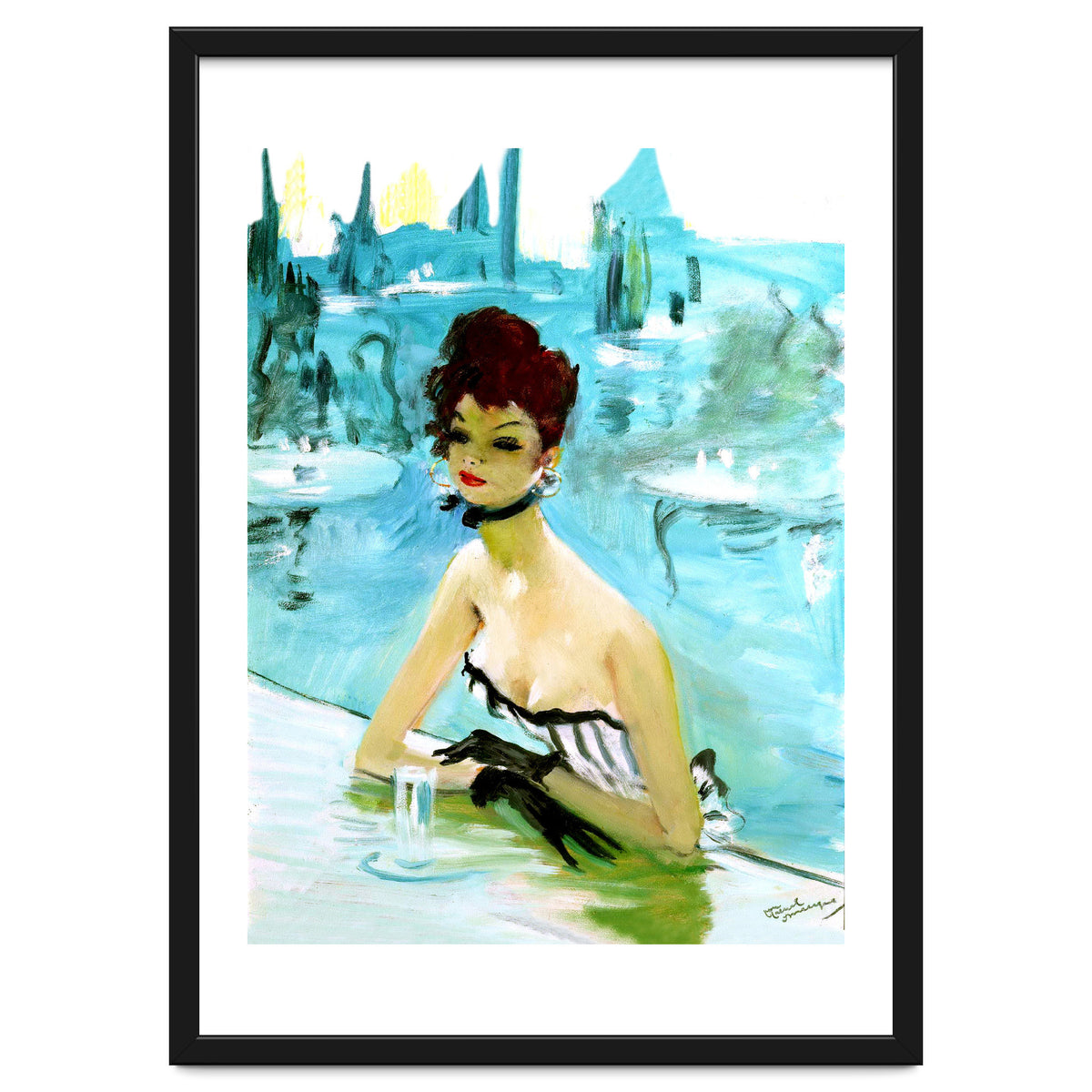 Pinup Girl In Cafe, Watercolor Painting