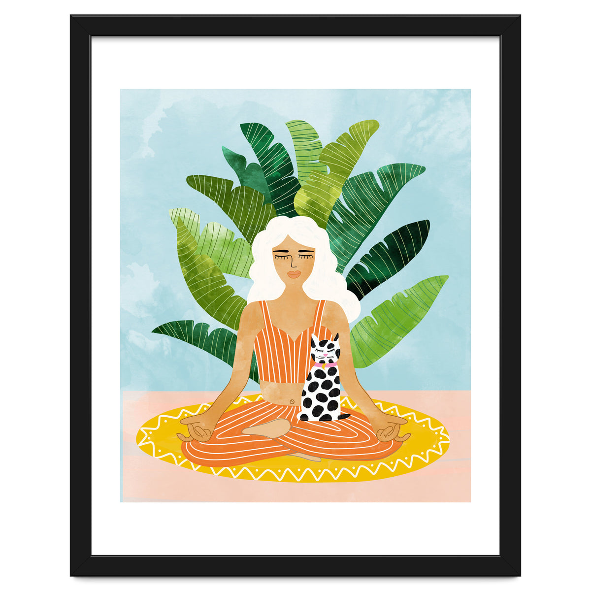 Meditation With Thy Cat Poster | Blonde Woman of Color | Tropical Banana Leaves Quirky Pet Workou