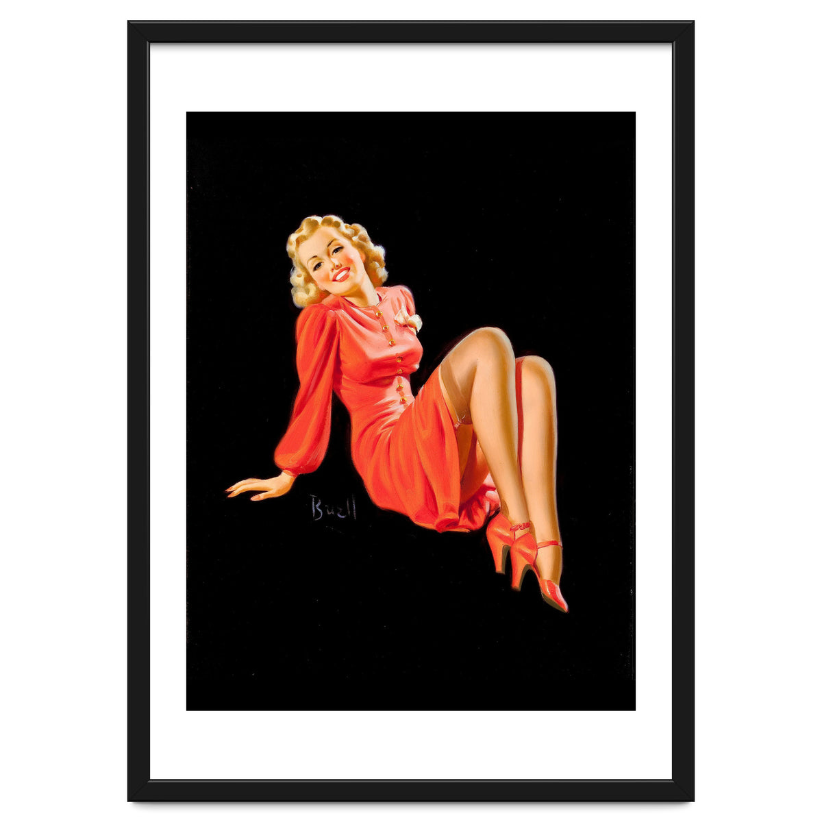 Smiling Pinup Woman Posing In Red Dress