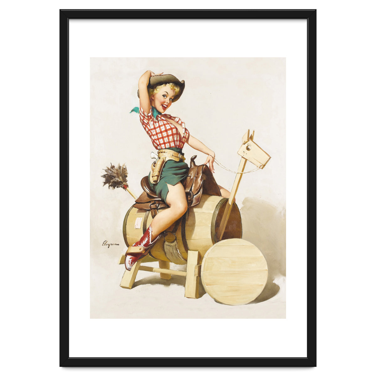 Pinup Cowgirl Riding A Wooden Horse Made Of Barrel