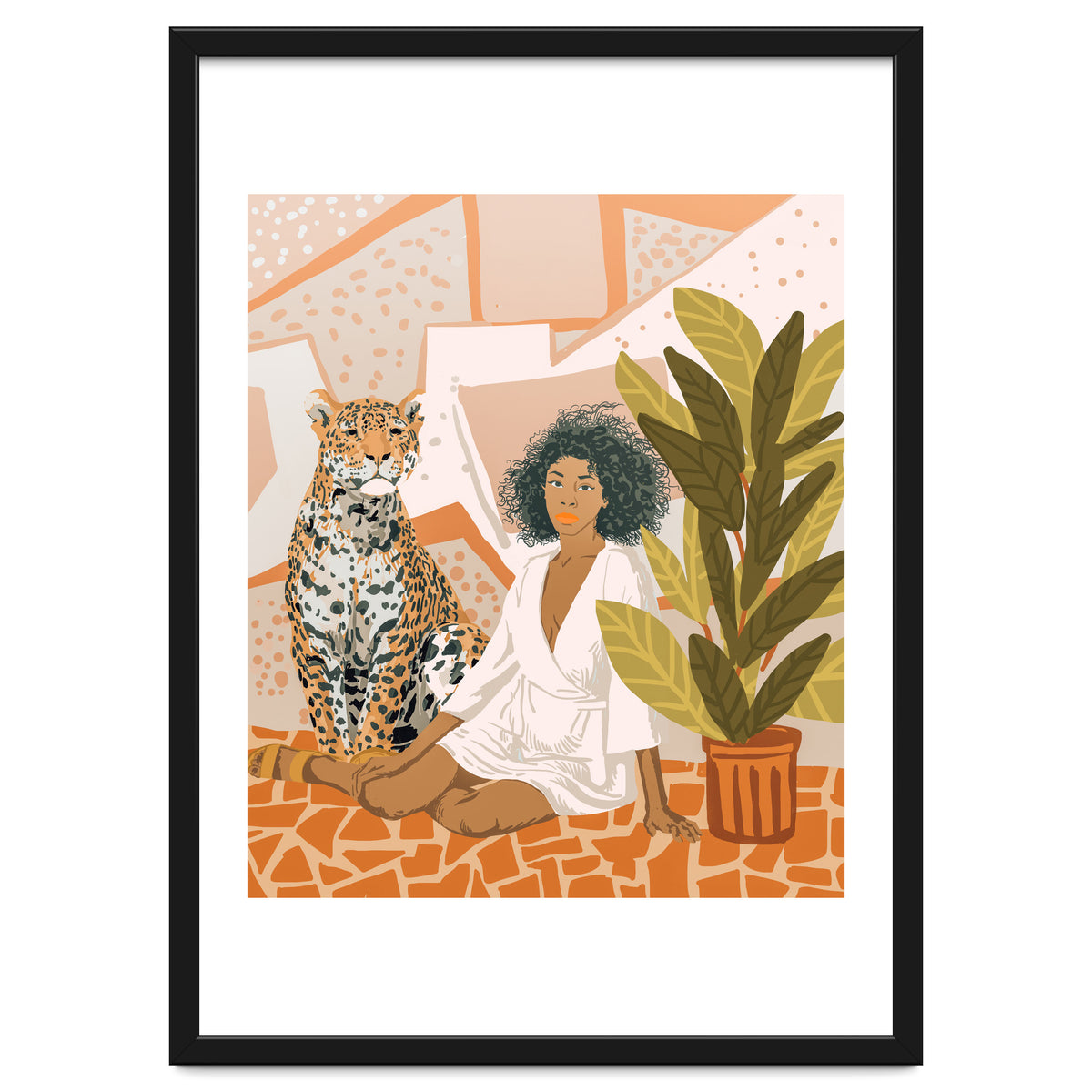 House Guest | Modern Bohemian Black Woman | Urban Jungle Decor | Wild Cat Leopard Pet | Plant Lady