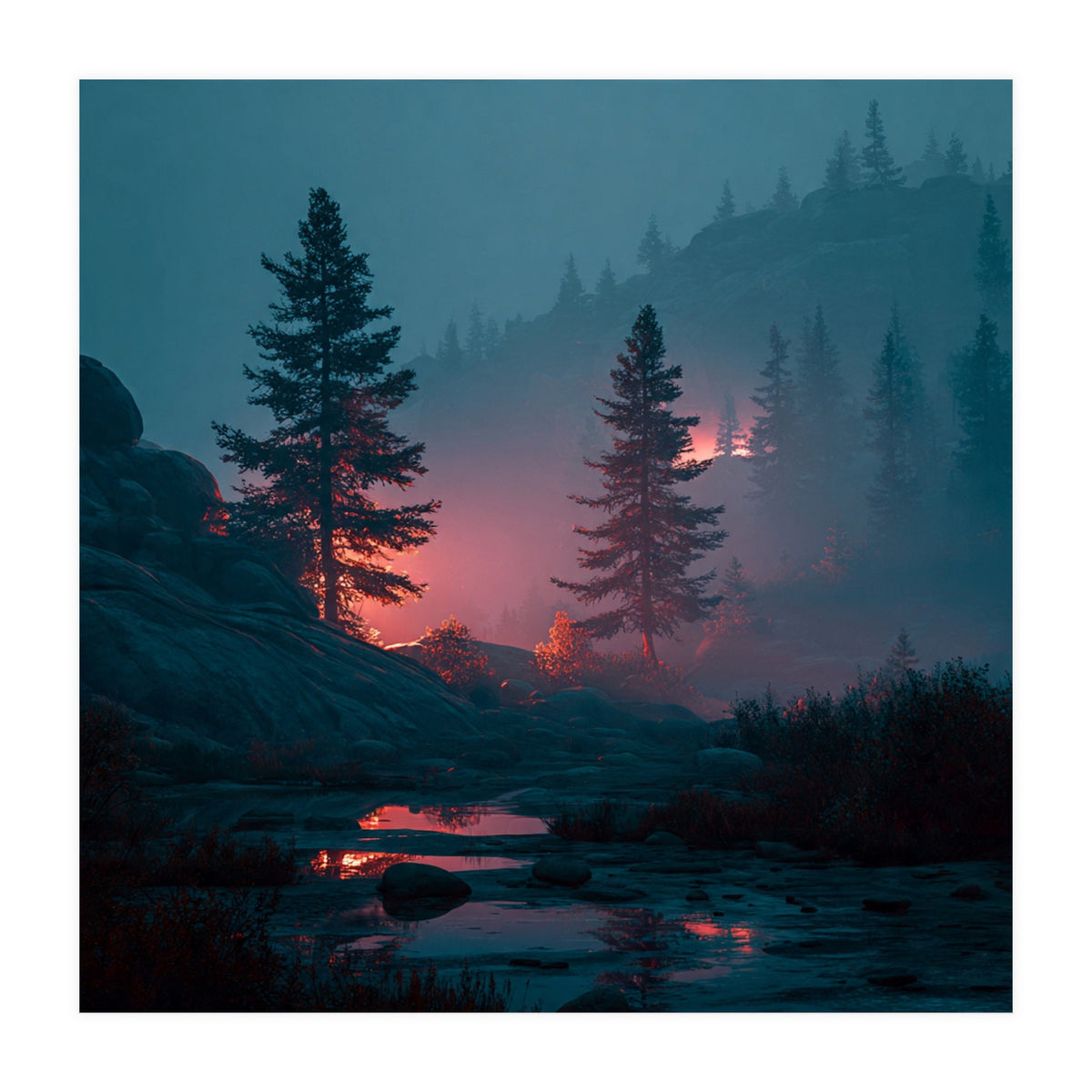 Atmospheric Twilight Pine Forest with Glowing Crimson Light (Print Only)