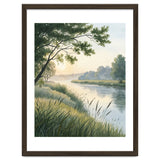 Serene River Sunrise Watercolor Painting with Meadow Grasses and Warm Golden Atmosphere Landscape thumbnail