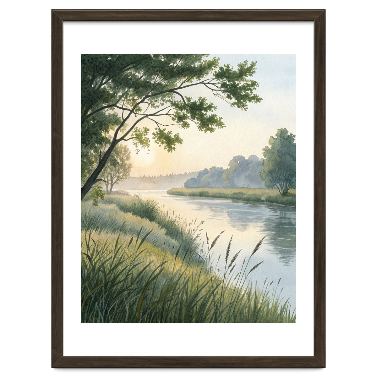 Serene River Sunrise Watercolor Painting with Meadow Grasses and Warm Golden Atmosphere Landscape