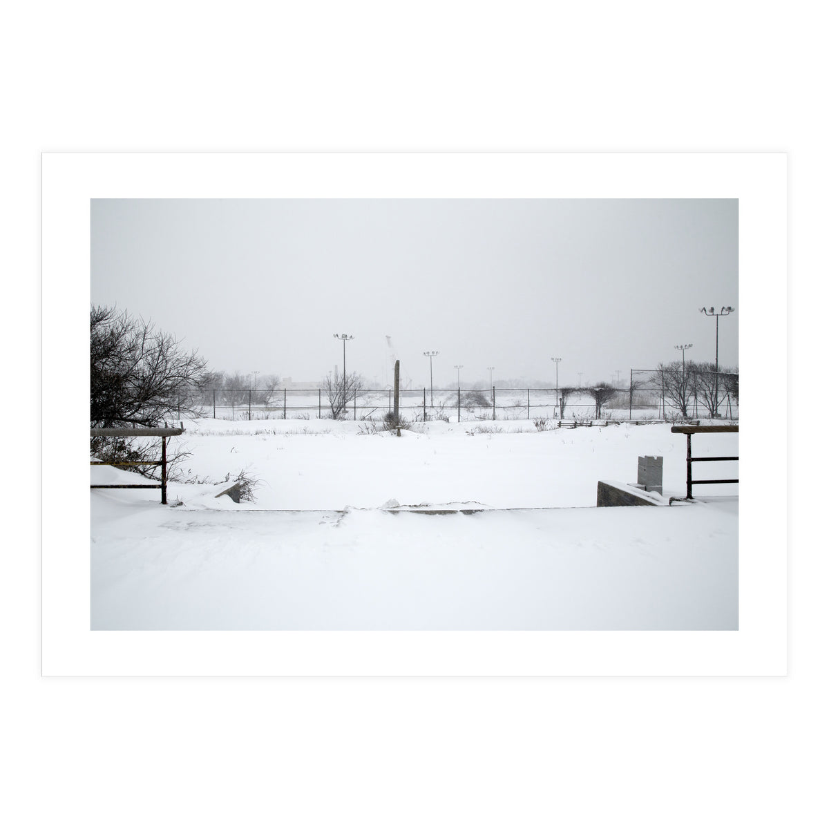 Baseball field covered in snow (Print Only)