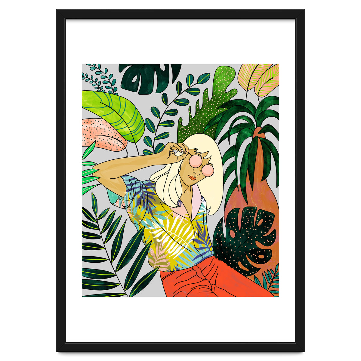 Spring Break, Tropical Bohemian Travel Line Art, Woman Fashion Palm Forest Jungle Watercolor Nature