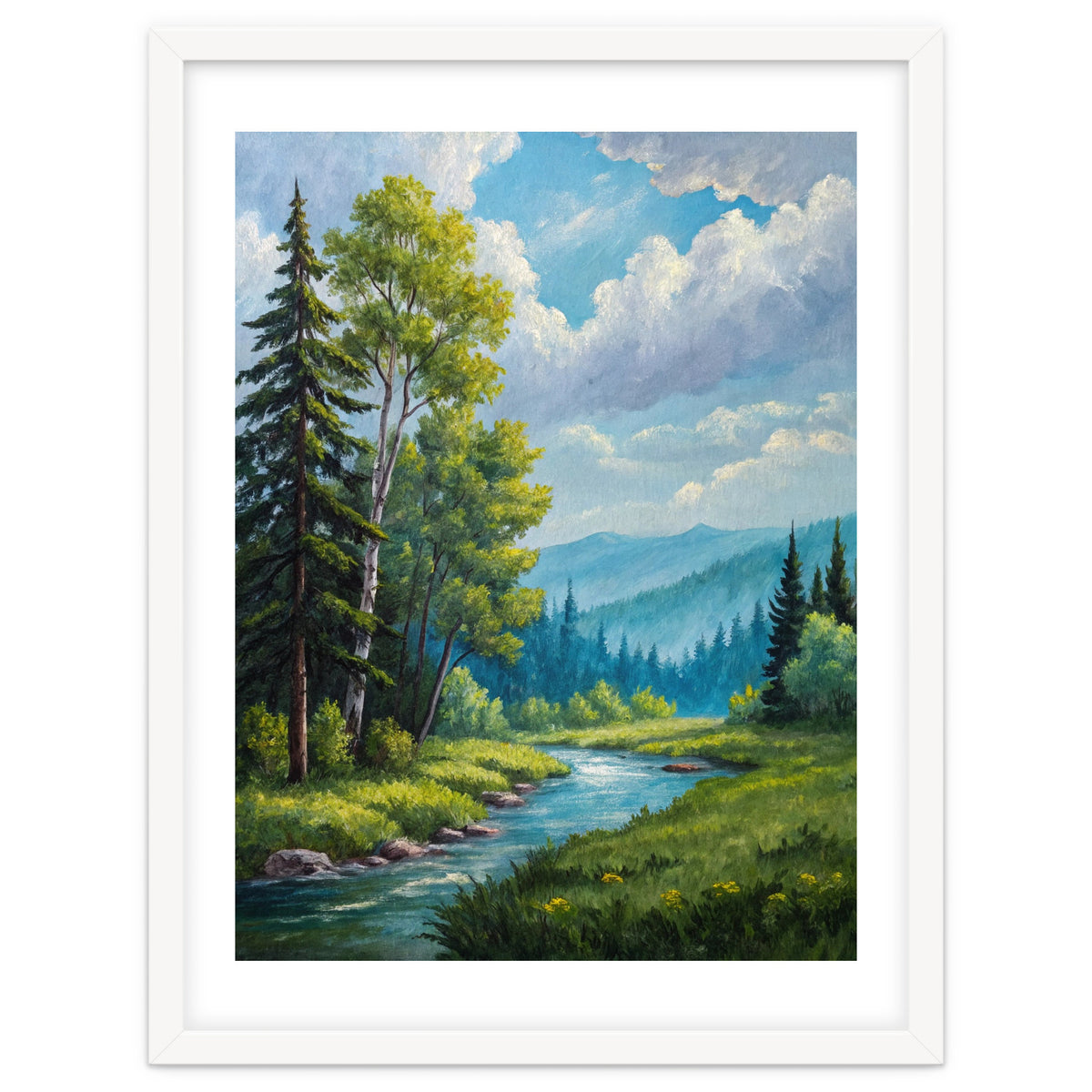 Serene Mountain River Landscape Oil Painting
