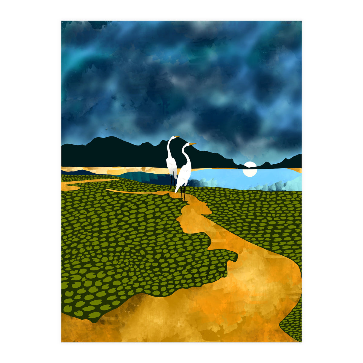 Great Egrets On Honeymoon Island, Heron Wildlife Painting Nature Landscape, Travel Dark Scenic Birds Love Animals Lake Bohemian (Print Only)