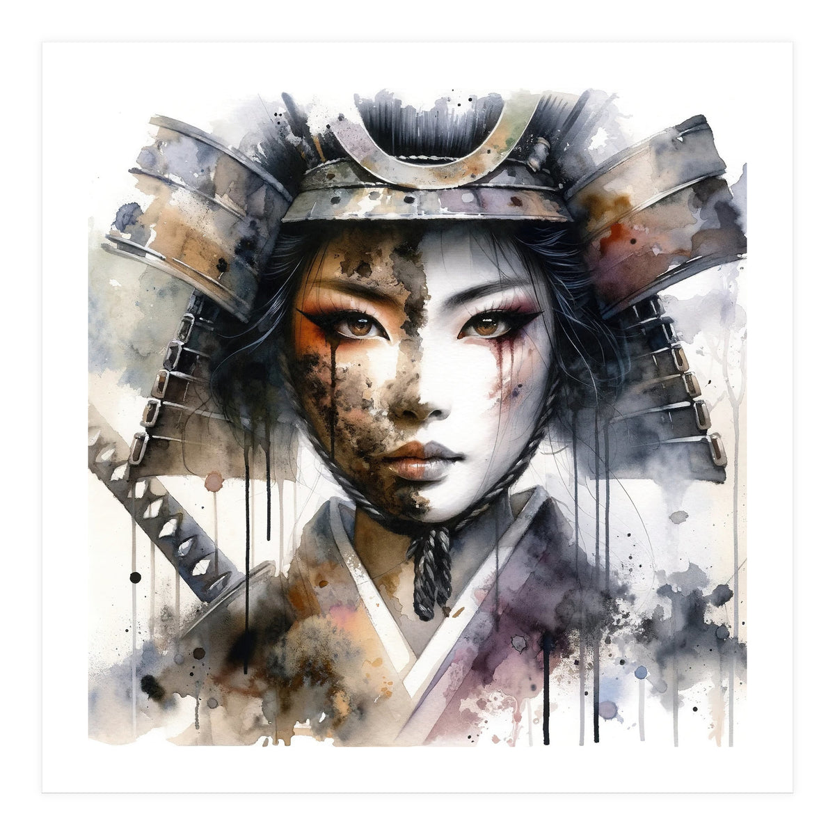 Ink Veil Asian Warrior Woman Portrait (Print Only)