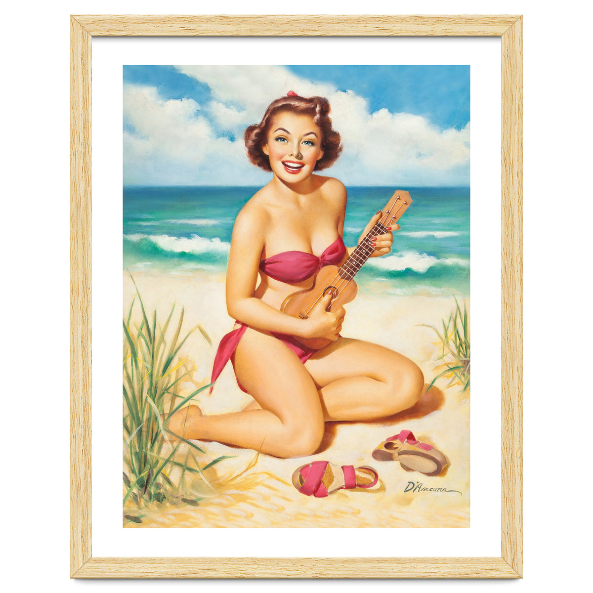 Pinup Girl Playing Ukulele On The Beach
