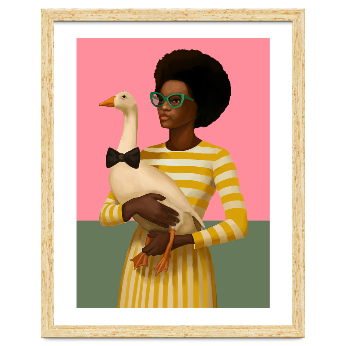 Stylish Woman Holding Goose In Striped Dress
