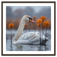 White Swan Swimming In A Lake With Reeds