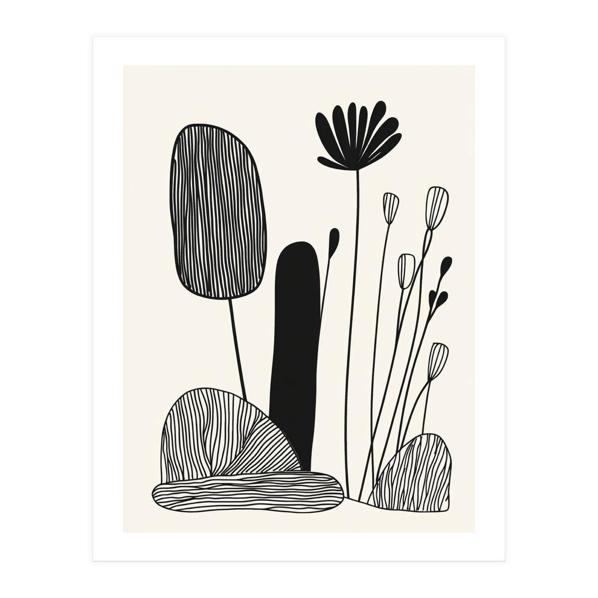 Abstract Black And White Botanical Illustration With Organic Shapes (Print Only)