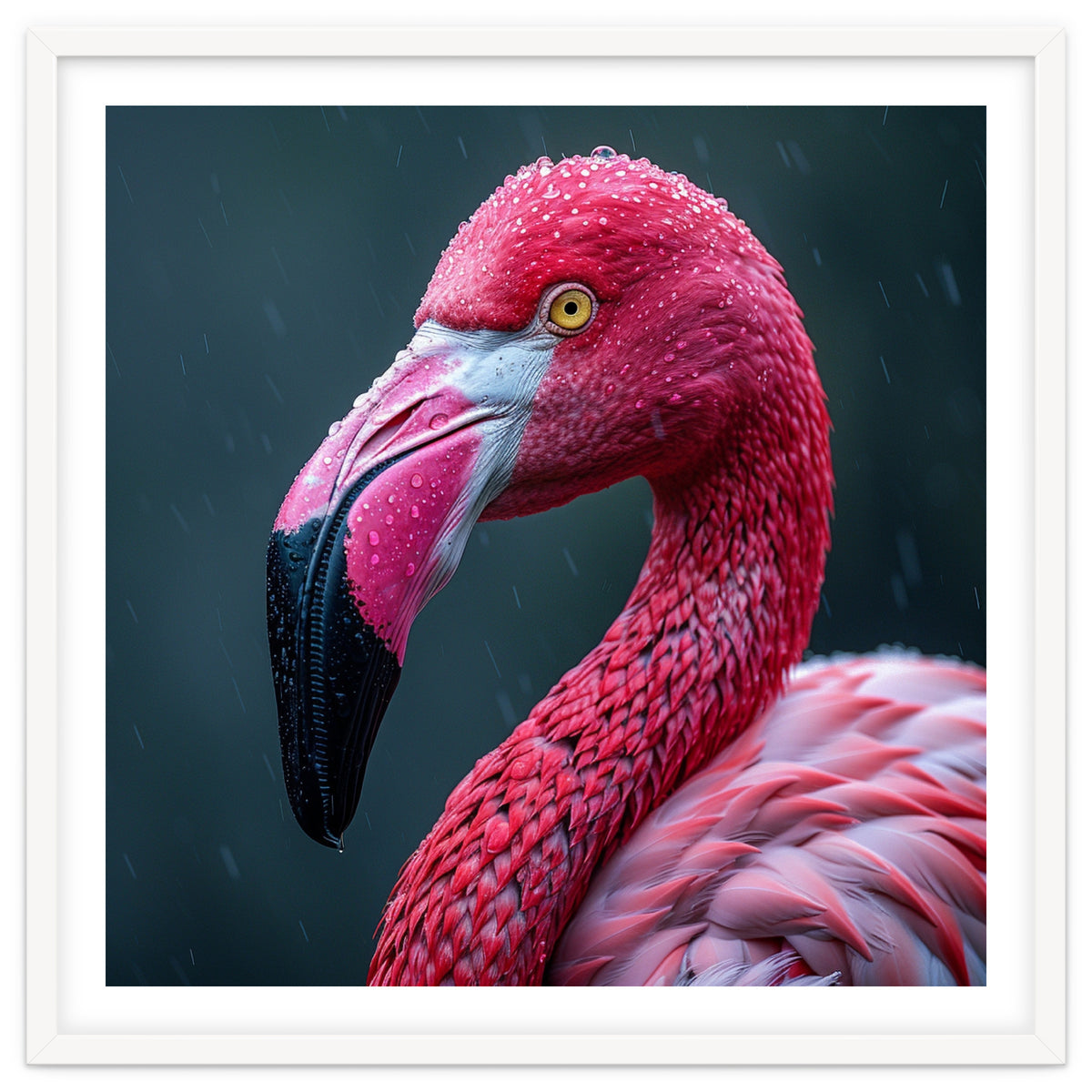 Close Up Pink Flamingo In Rain Drops