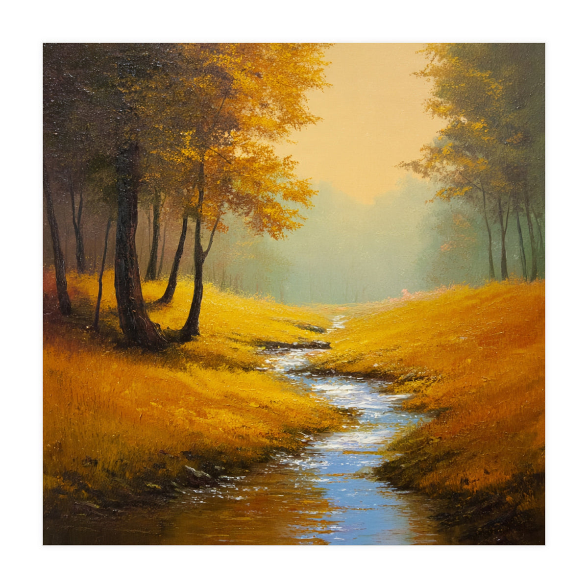 Golden Autumn Forest Path with Winding Creek (Print Only)
