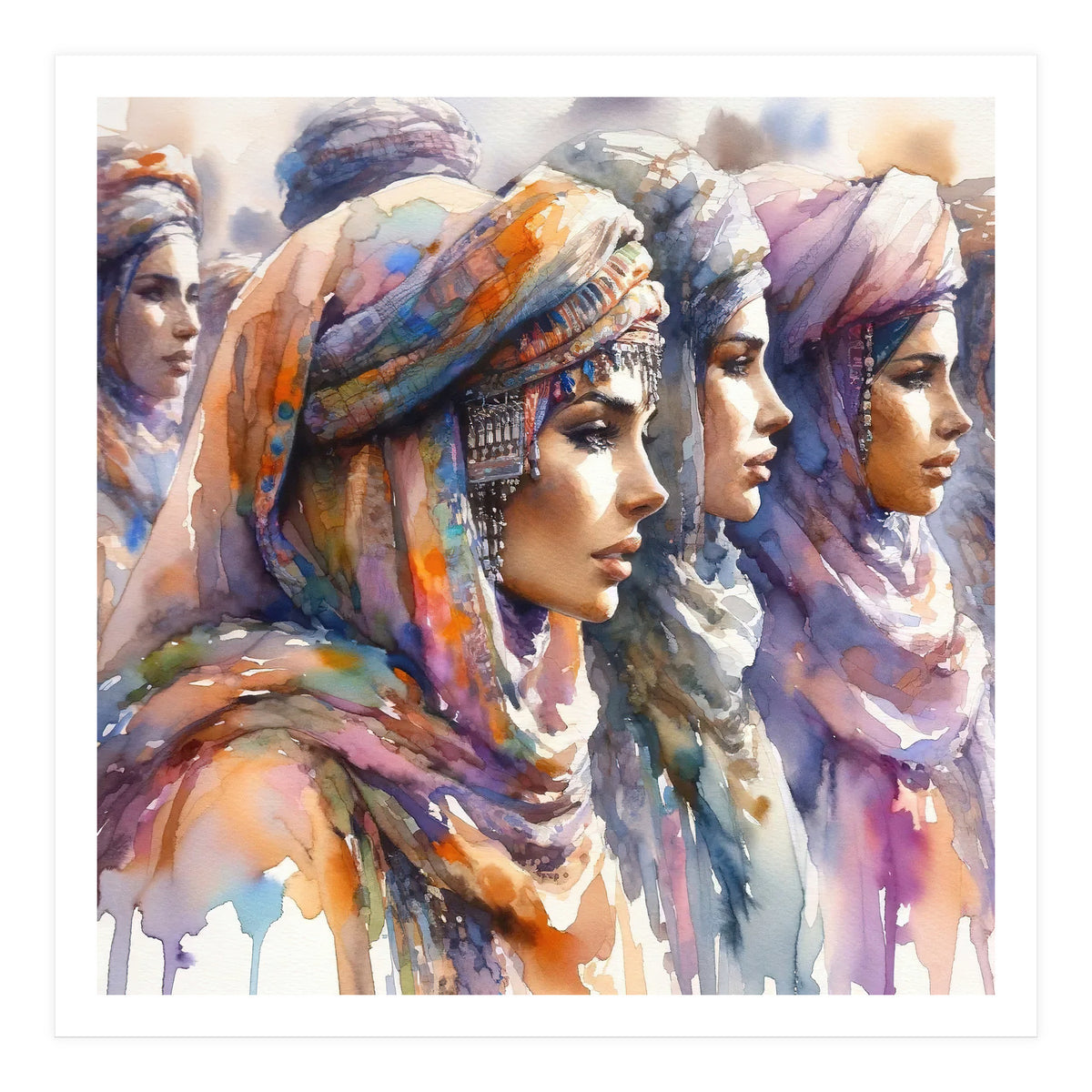 Tuareg Women Procession Watercolor (Print Only)