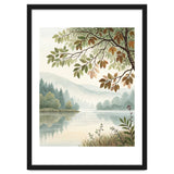 Tranquil Lakeside Forest Watercolor Painting with Overhanging Autumn Branches and Misty Mountain Reflection thumbnail