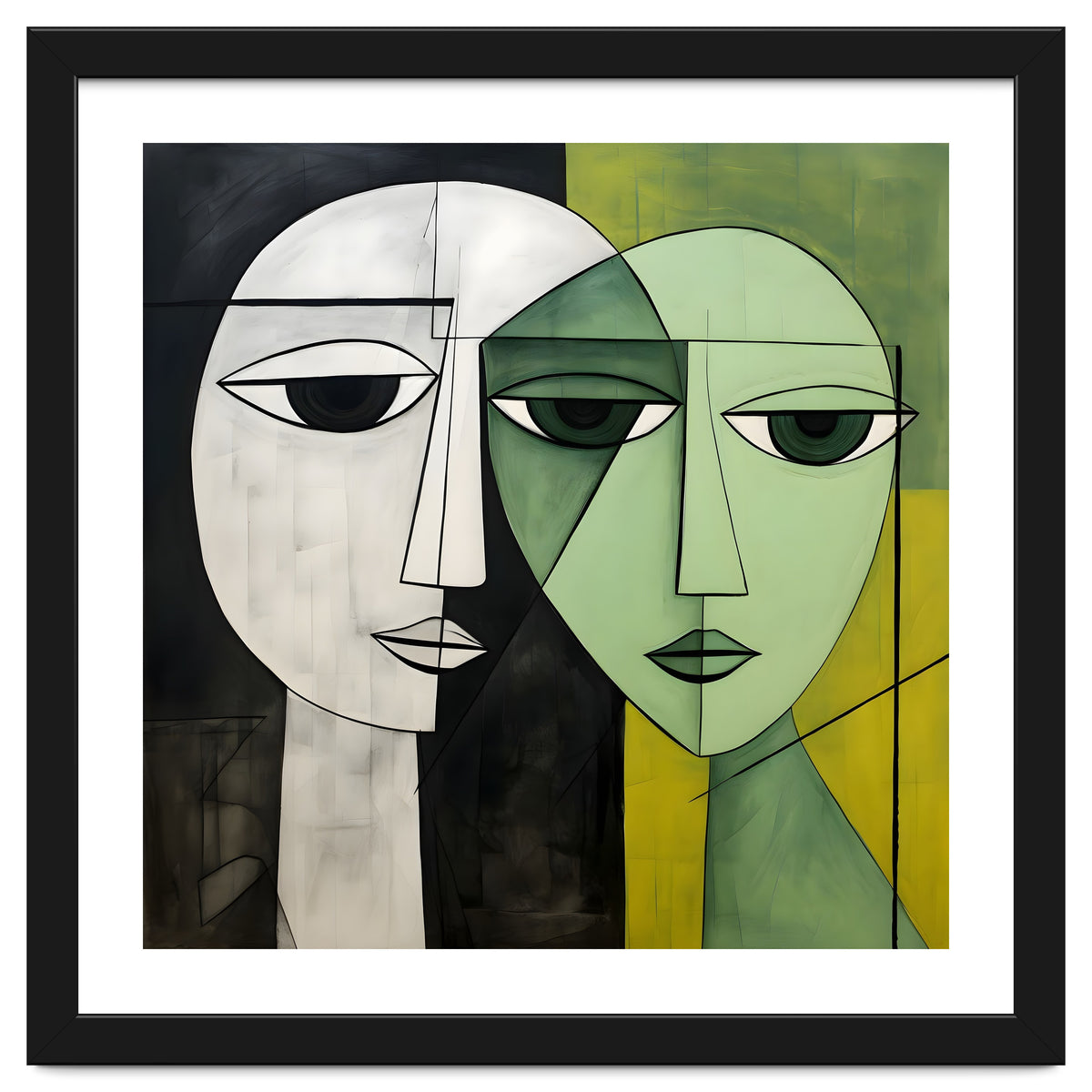 DYNAMIC FUSION, Two abstract heads converge - vibrant green tones intertwine with cool grey hues, a dance of contrast and connection.