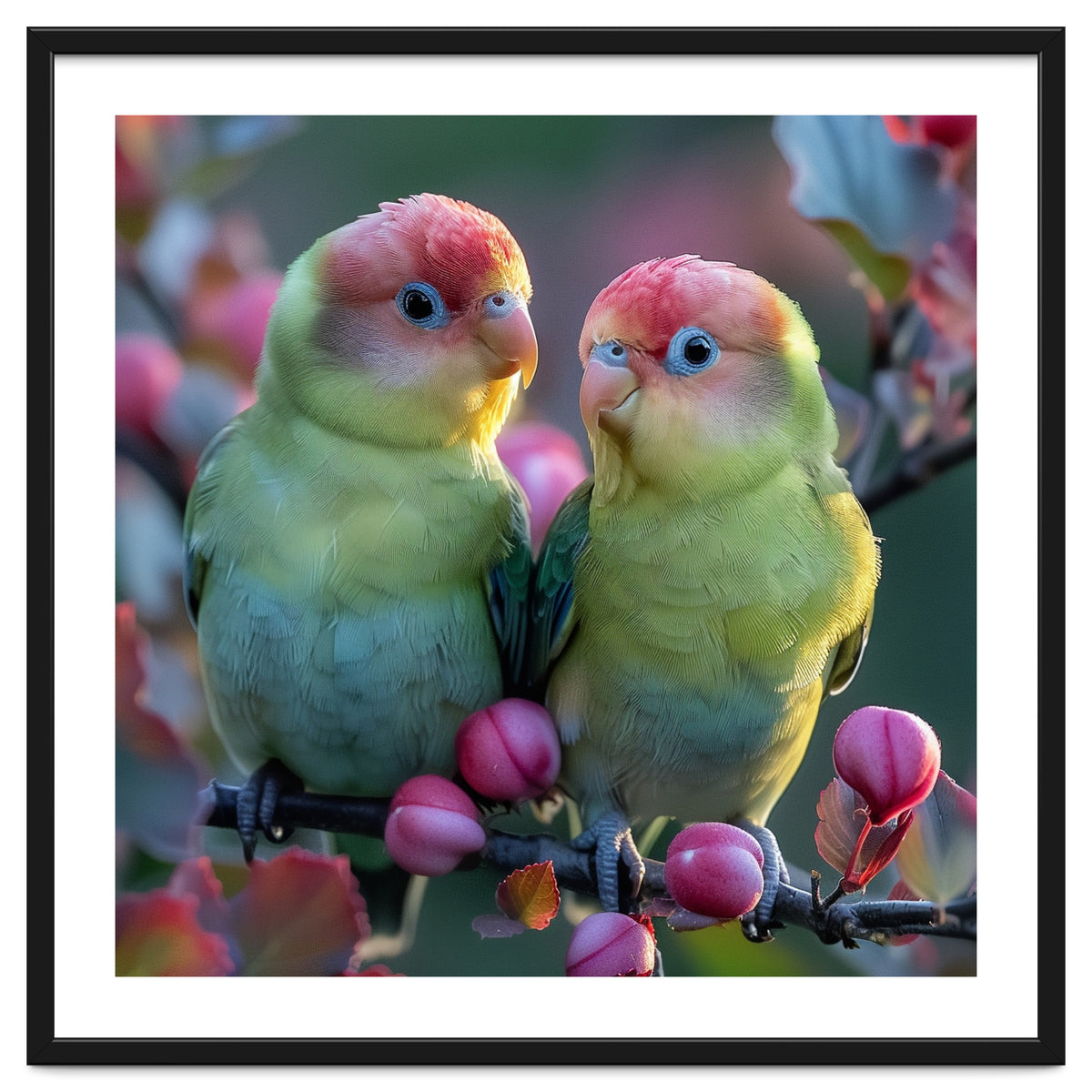 Two Lovebirds On A Branch Surrounded By Berries