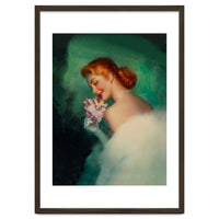 Portrait Of A Pinup Bride In White Dress And A Flower Boukuet