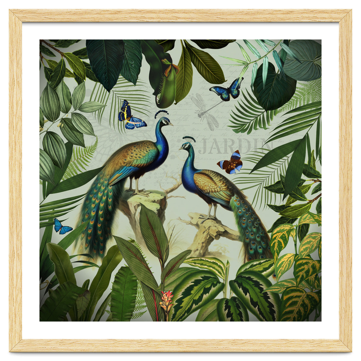 Vintage Exotic Asian Peacocks In Tropical Jungle Landscape