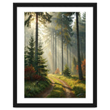 The Golden Path: Ethereal Sunbeams Piercing Through a Misty Evergreen Forest at Dawn thumbnail