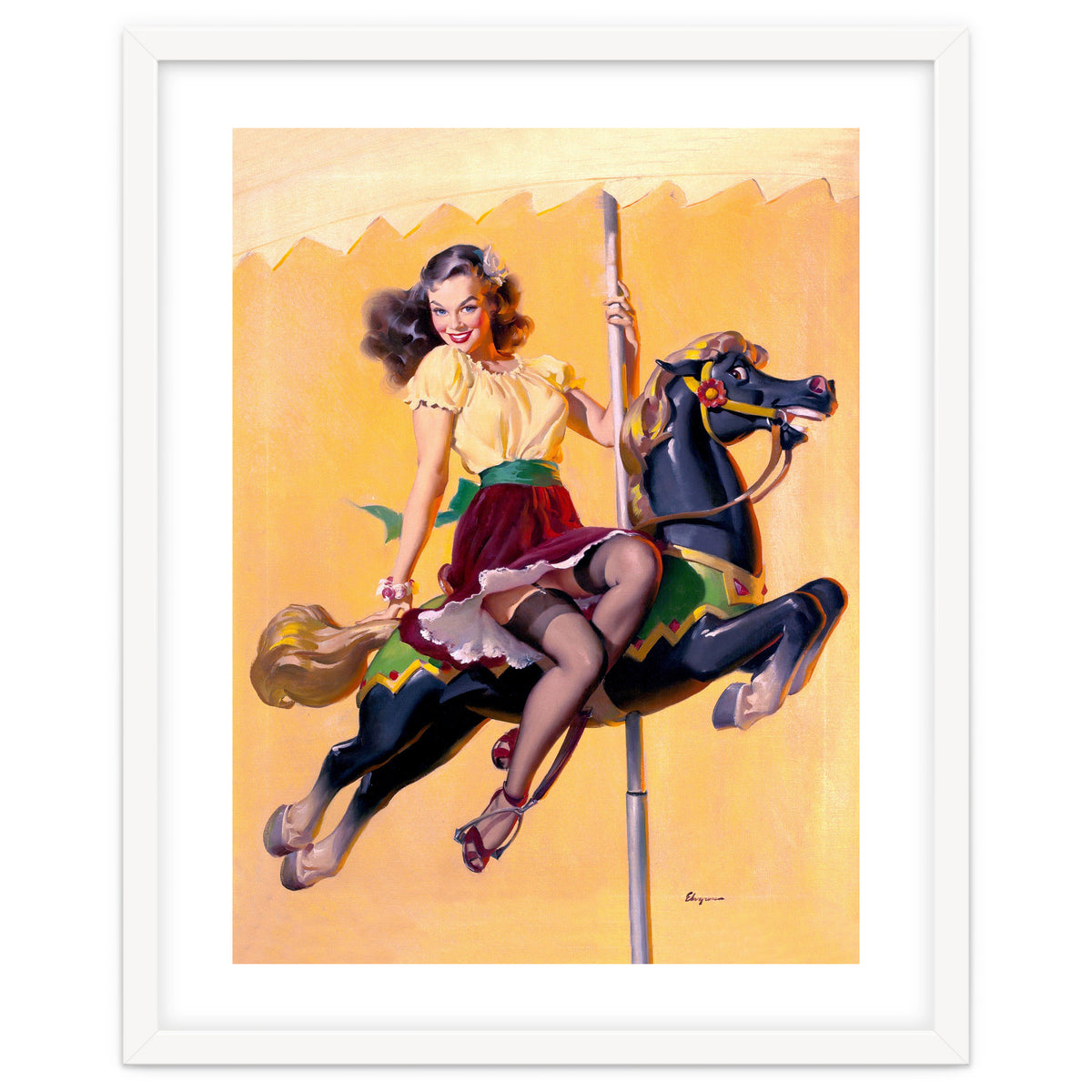 Pinup Sexy Girl Riding A Wooden Horse