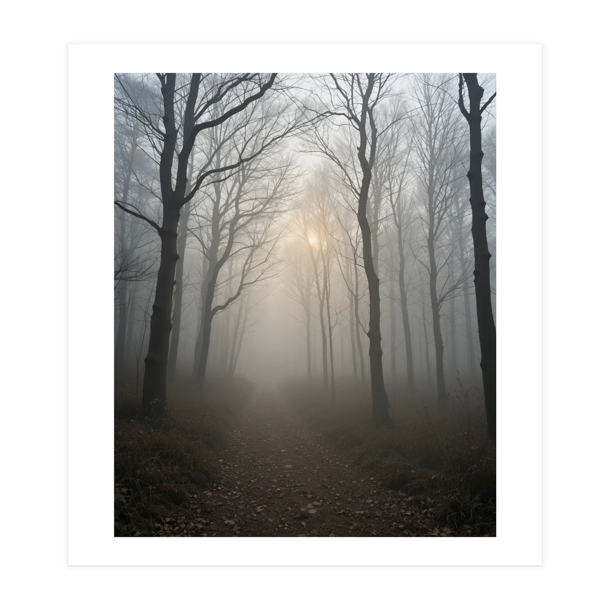 Ethereal Morning Light Breaking Through Dense Forest Fog (Print Only)