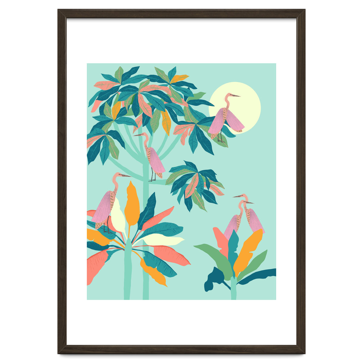 Drawn To The Moon, Stork Heron Flamingo Birds, Tropical Pastel Wildlife Forest Nature, Animals Jungle Bohemian Eclectic Fly