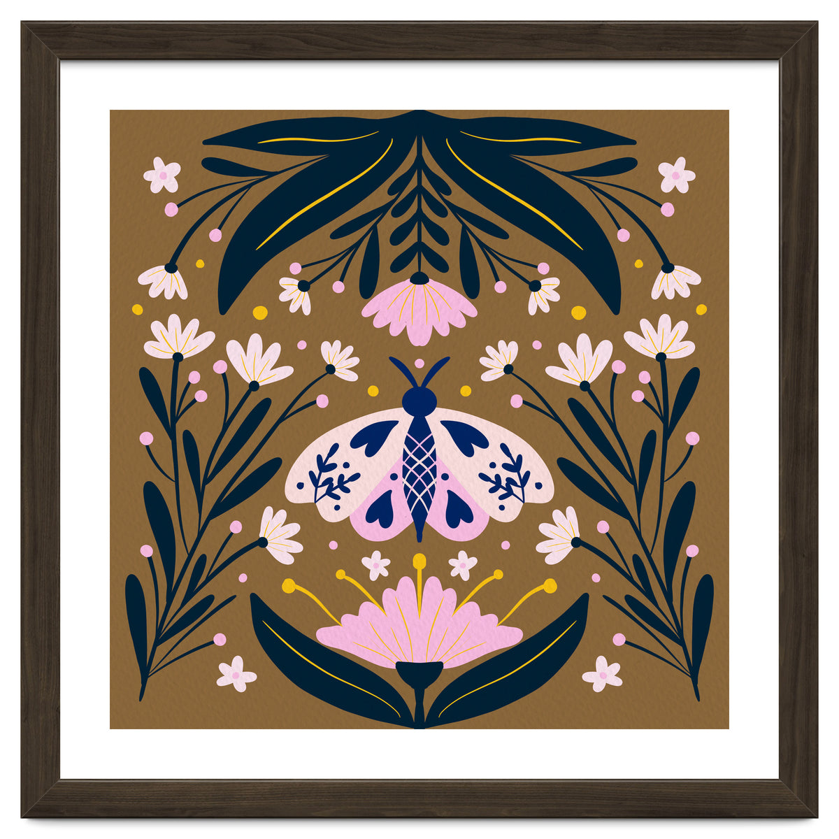 Pink Moth with Flowers on a brown background