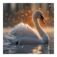 Majestic Swan Gliding On Water During Sunset Golden Hour Wildlife (Print Only)