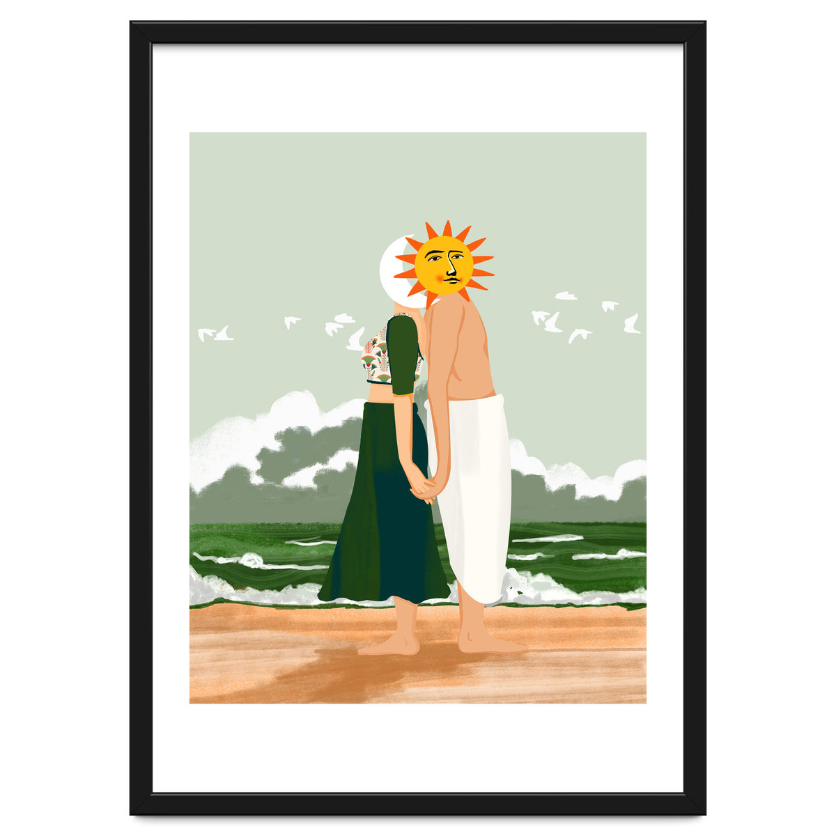 Celestial Union, Sun & Moon Love Couple, Ocean Sea Beach Landscape Nature, Summer Bohemian People