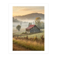 Rustic Red Roof Barn in Misty Morning Valley Landscape (Print Only)