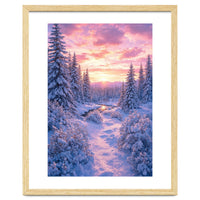 Winter Sunset Glow: Serene Snowy Forest and Frozen Creek