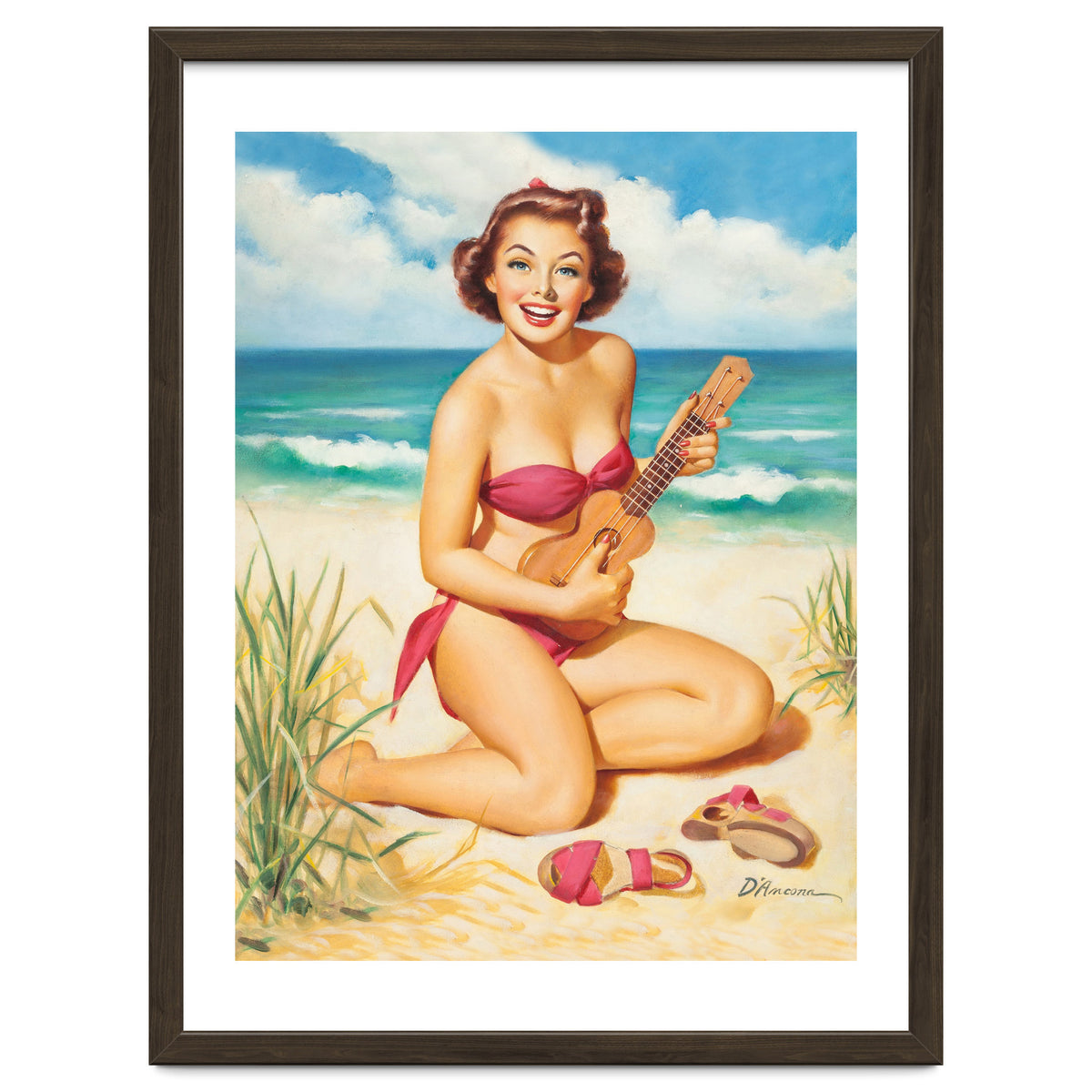 Pinup Girl Playing Ukulele On The Beach