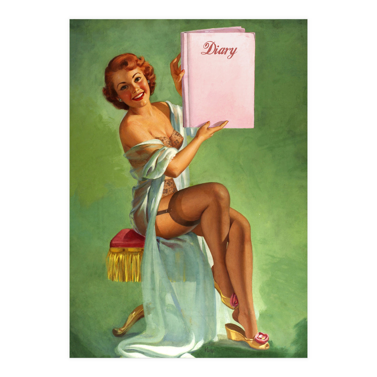 Pinup Girl Posing With Her Big Diary Book (Print Only)