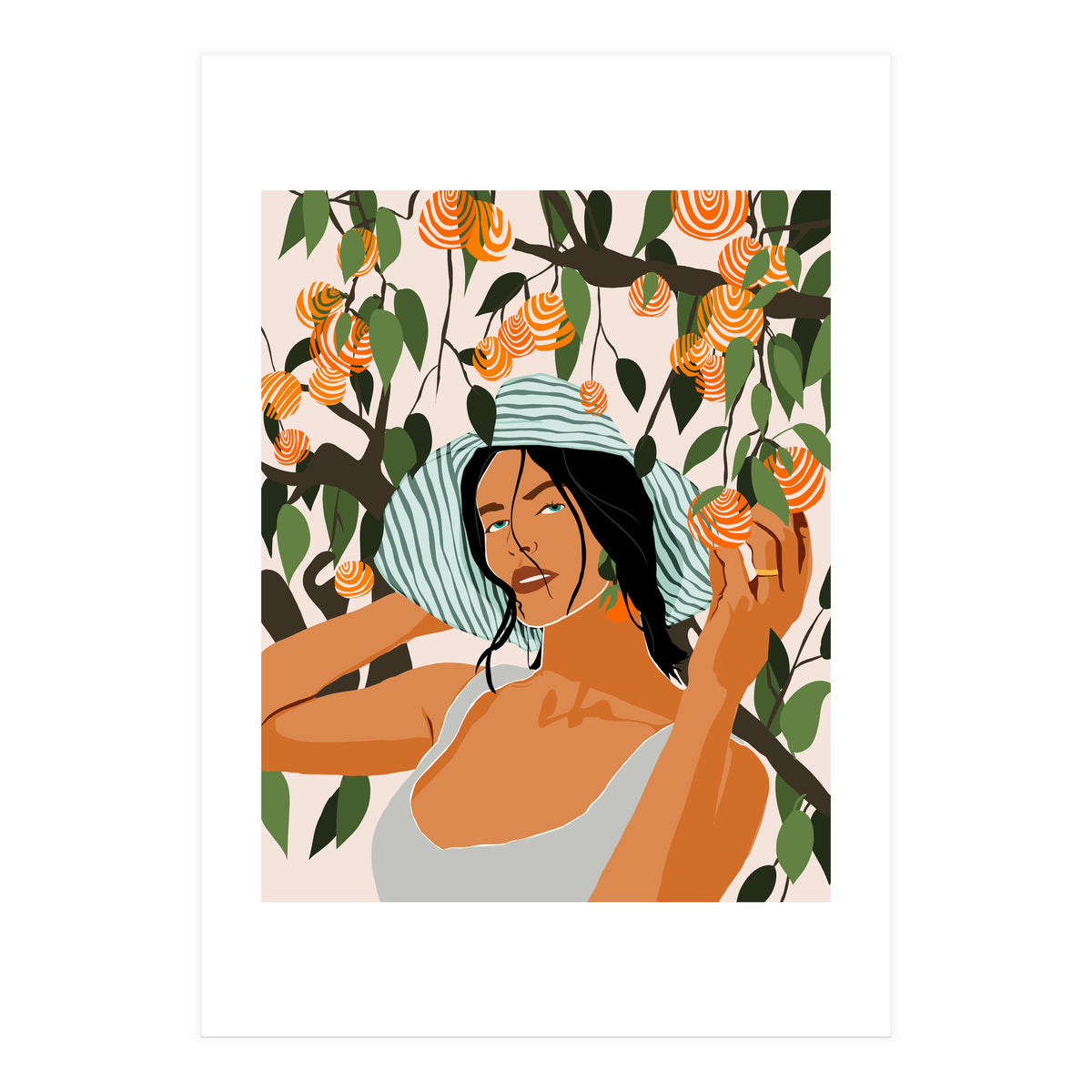 The Orange Grove, Bohemian Woman Summer Travel, Fashion Botanical Nature Garden, Plants Fruits Juicy (Print Only)